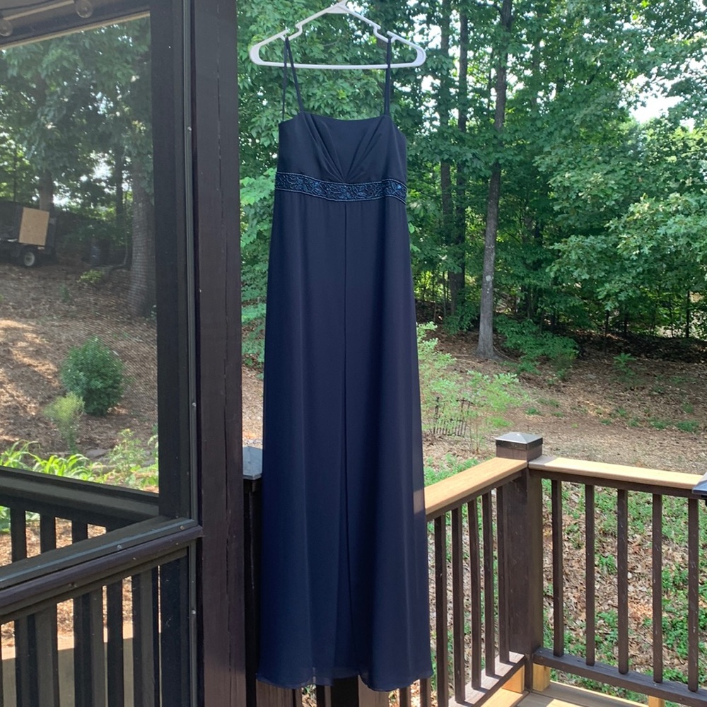 David’s Bridal Michaelangelo Long Navy Dress Paisley Beaded Belt 6